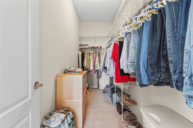 walk in closet with light carpet