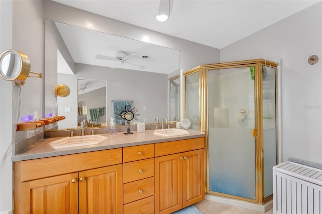 bathroom featuring radiator heating unit, a shower with shower door, and vanity