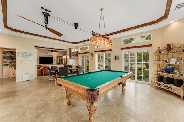 recreation room with crown molding, billiards, ceiling fan, and a tray ceiling