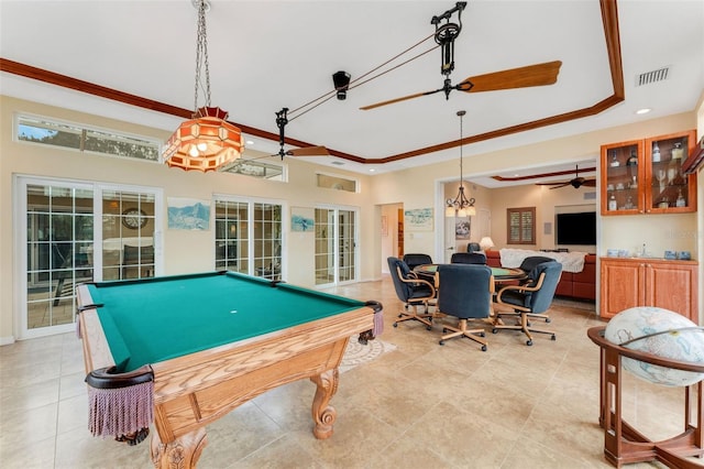 game room featuring french doors, ornamental molding, billiards, and a tray ceiling