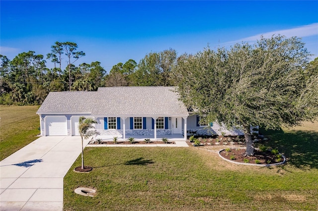 ranch-style house featuring a front lawn, covered porch, and a garage