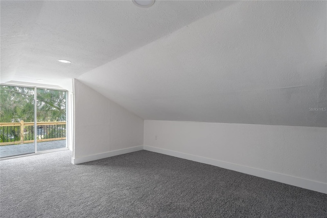 additional living space featuring a textured ceiling, carpet floors, and lofted ceiling