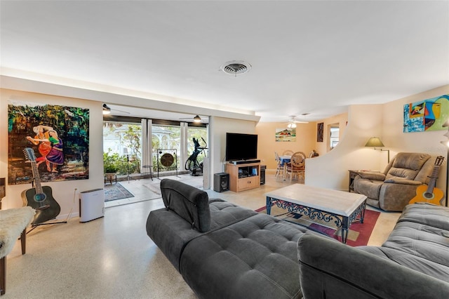 living room with ceiling fan