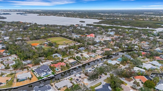 aerial view featuring a water view