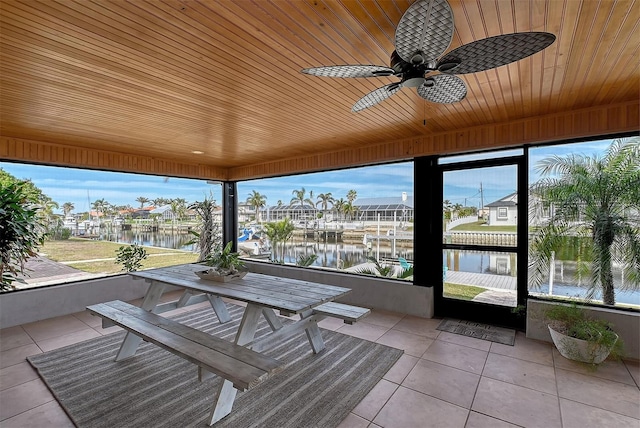 unfurnished sunroom featuring a water view, ceiling fan, and wooden ceiling