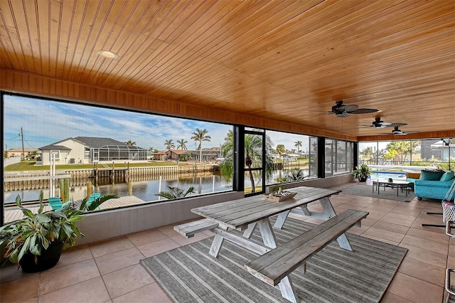 sunroom / solarium featuring a water view, ceiling fan, and wooden ceiling