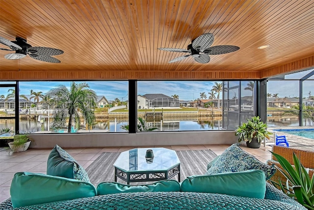 sunroom with ceiling fan, a water view, and wooden ceiling