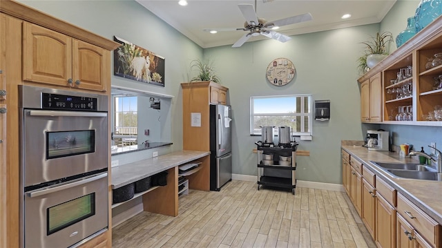 kitchen with plenty of natural light, crown molding, sink, and appliances with stainless steel finishes