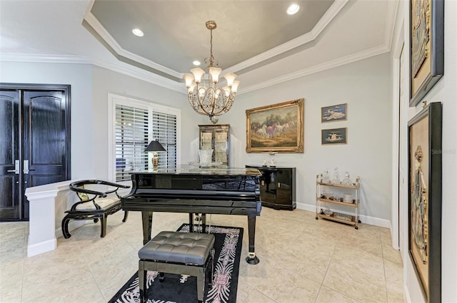 misc room with a raised ceiling, crown molding, light tile patterned flooring, and an inviting chandelier