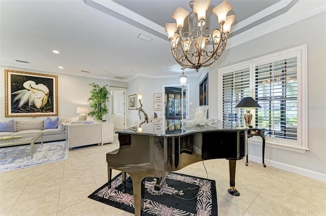 misc room with light tile patterned floors, crown molding, and a notable chandelier