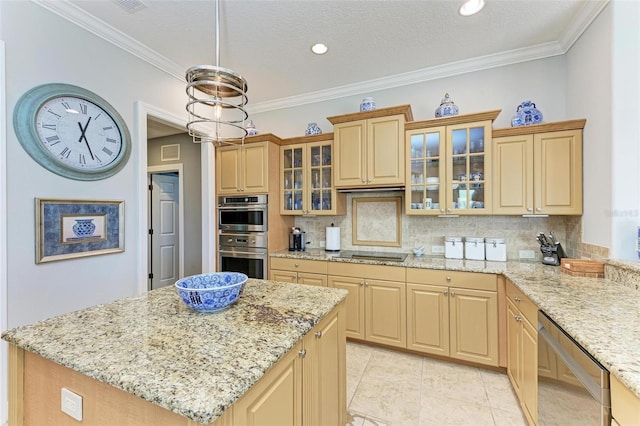 kitchen with stainless steel appliances, a center island, decorative backsplash, decorative light fixtures, and light brown cabinets