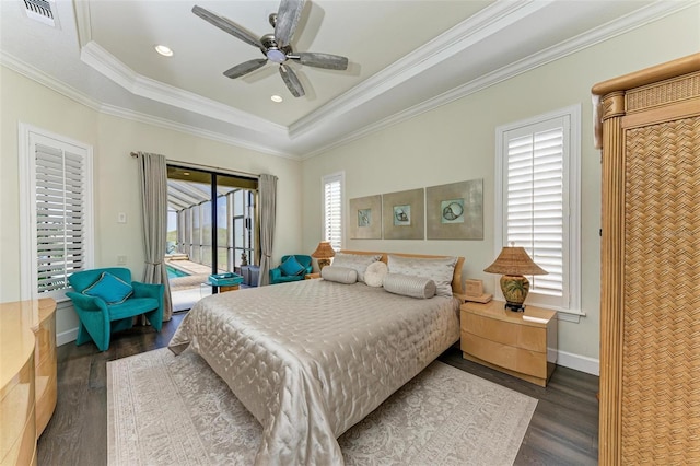 bedroom with crown molding, access to outside, dark hardwood / wood-style floors, a raised ceiling, and ceiling fan