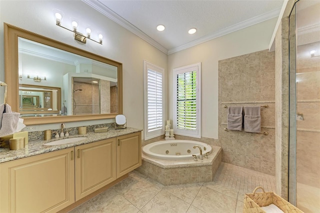 bathroom with ornamental molding, plus walk in shower, tile patterned flooring, and vanity