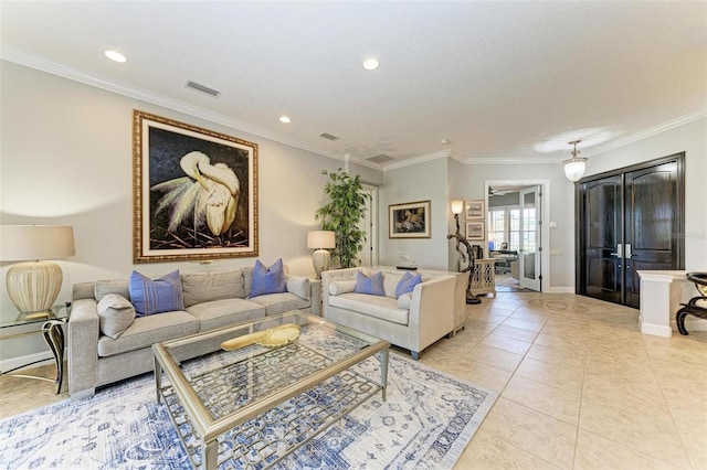 living room with light tile patterned floors and ornamental molding