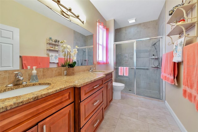 bathroom with tile patterned floors, a shower with door, vanity, and toilet