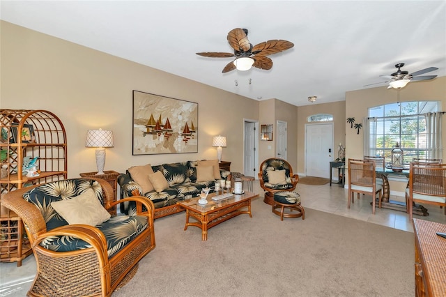 tiled living room featuring ceiling fan