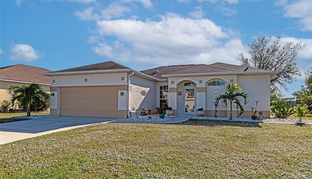 view of front of home featuring a garage and a front lawn