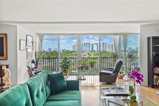 living room with light hardwood / wood-style floors and expansive windows