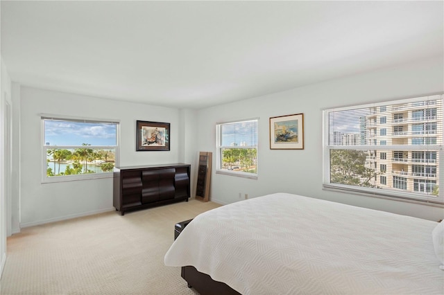 bedroom with light colored carpet