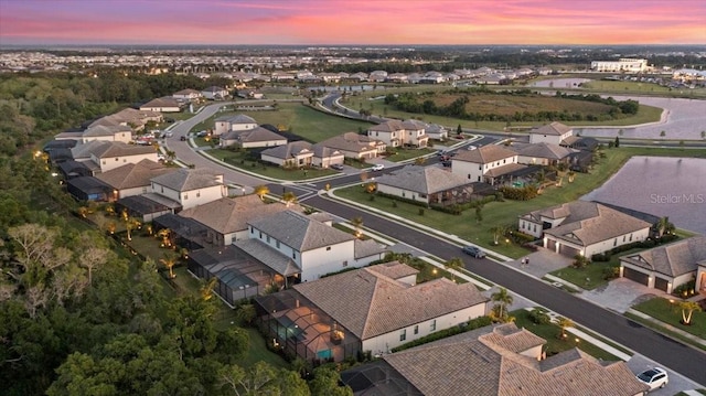 view of aerial view at dusk