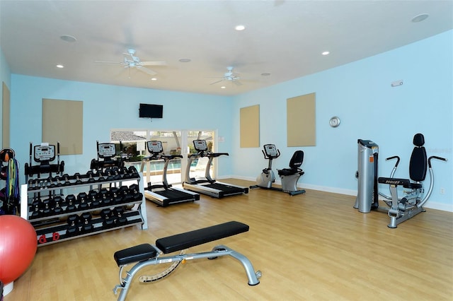 gym featuring wood-type flooring and ceiling fan