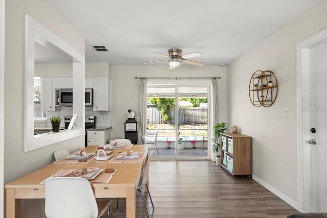 dining area featuring ceiling fan and wood-type flooring