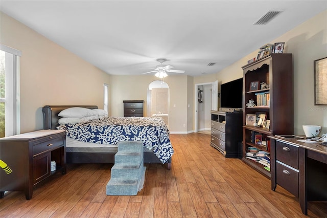 bedroom featuring ceiling fan and light hardwood / wood-style flooring