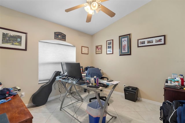 tiled office with ceiling fan