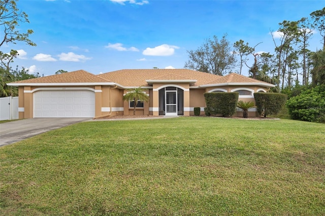 view of front of property with a garage, aphalt driveway, a front lawn, and stucco siding