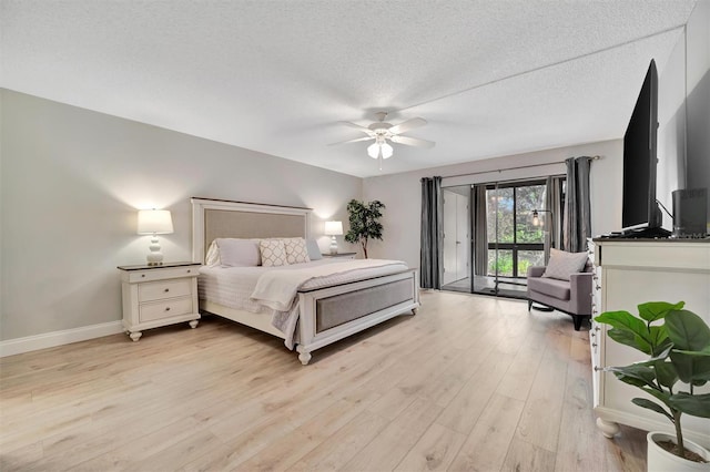 bedroom featuring a textured ceiling, ceiling fan, and light hardwood / wood-style flooring