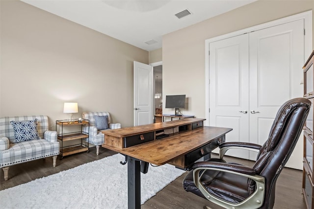 home office featuring dark hardwood / wood-style flooring