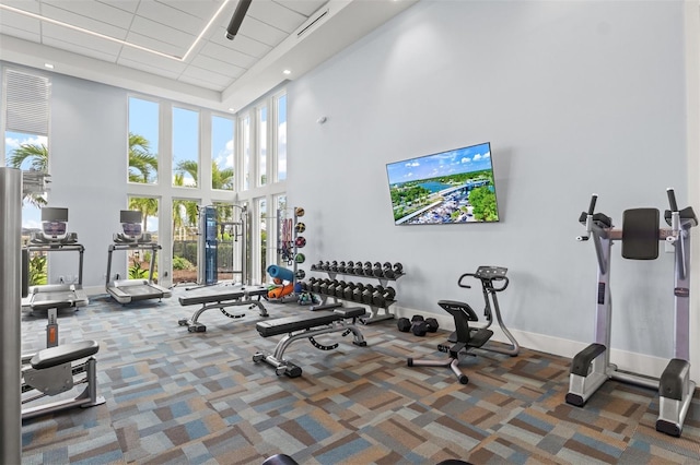 exercise room with carpet floors and a towering ceiling