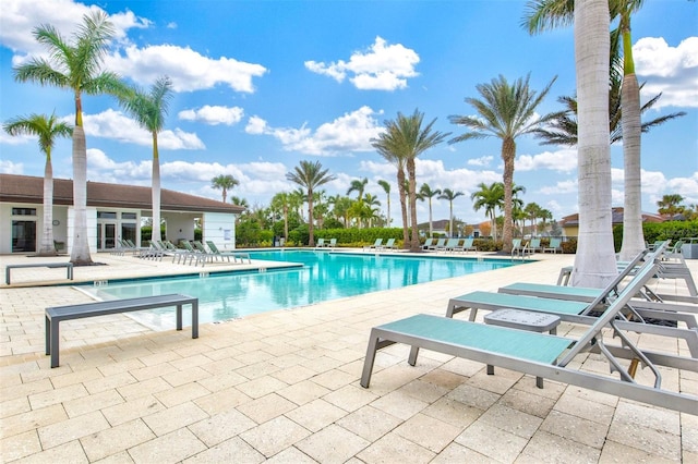 view of swimming pool with a patio