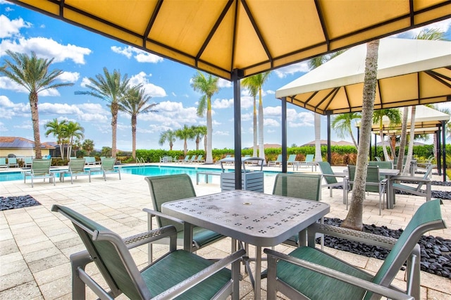 view of patio / terrace with a community pool and a gazebo