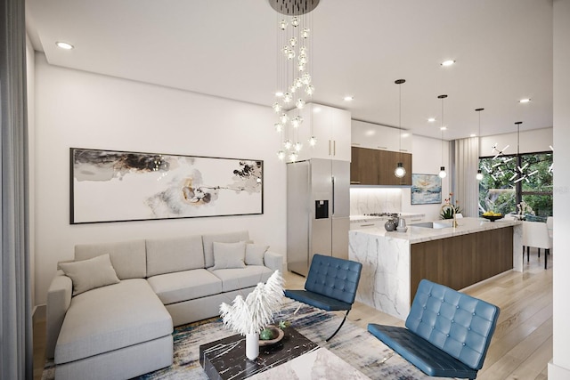 living room featuring light hardwood / wood-style flooring, a chandelier, and sink