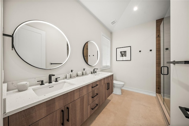 bathroom with vanity, toilet, an enclosed shower, and lofted ceiling