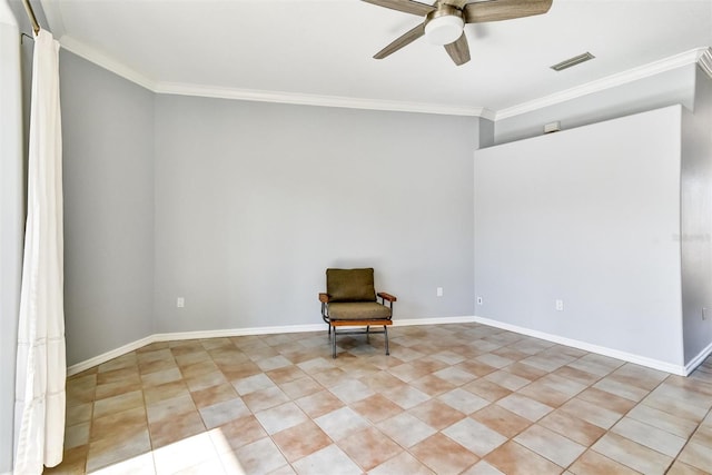 unfurnished room with ornamental molding and ceiling fan