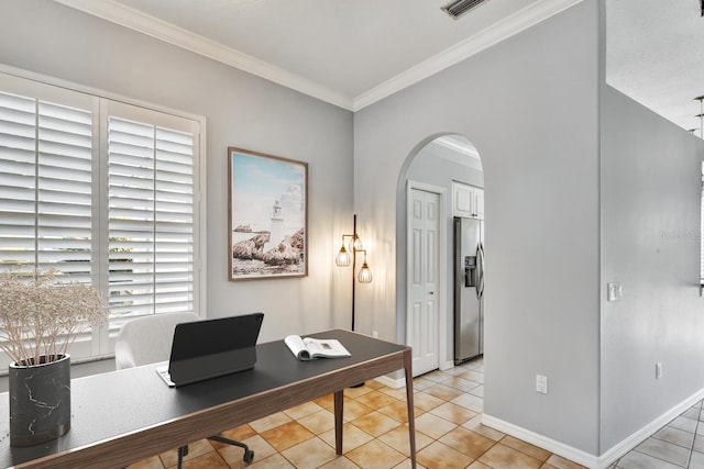 4708 Clipper Dr, Bradenton, FL 34208 - office space featuring visible vents, baseboards, arched walkways, light tile patterned flooring, and ornamental molding