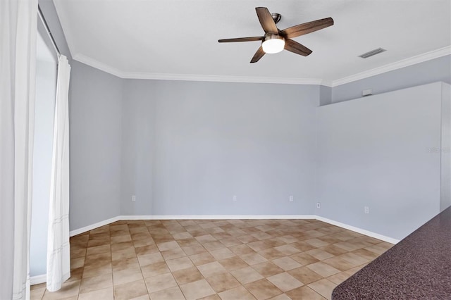 4708 Clipper Dr, Bradenton, FL 34208 - spare room featuring light tile patterned floors, baseboards, ornamental molding, ceiling fan, and visible vents