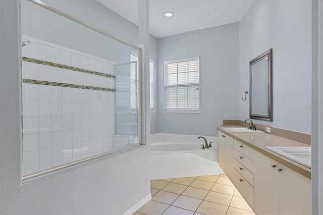 4708 Clipper Dr, Bradenton, FL 34208 - full bathroom featuring walk in shower, a garden tub, tile patterned flooring, and a sink