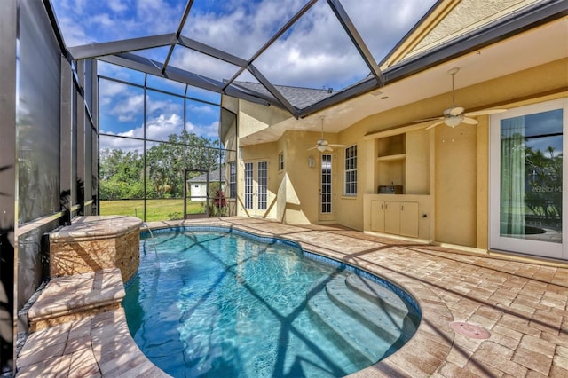 4708 Clipper Dr, Bradenton, FL 34208 - pool with a patio area, french doors, ceiling fan, and a lanai