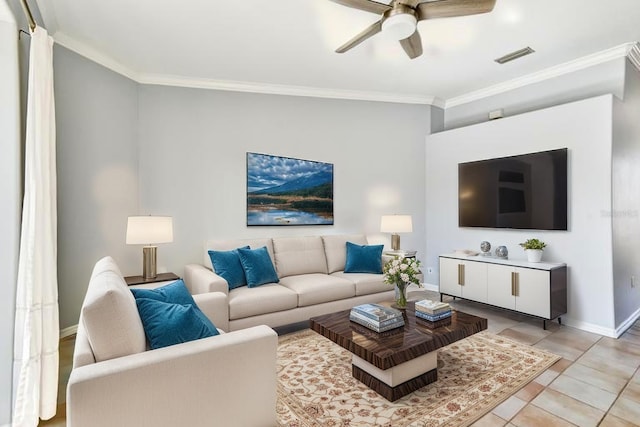4708 Clipper Dr, Bradenton, FL 34208 - living room featuring visible vents, crown molding, a ceiling fan, light tile patterned floors, and baseboards