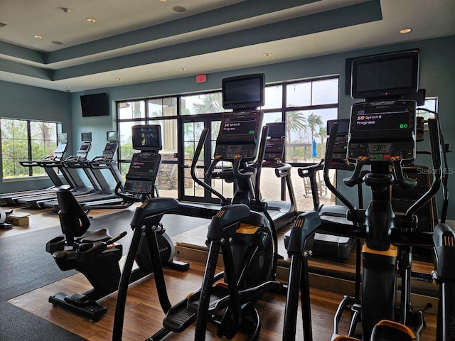 workout area featuring a tray ceiling, recessed lighting, and wood finished floors