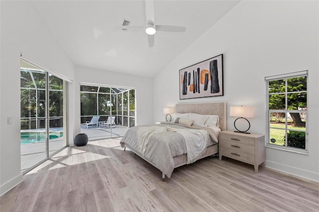 bedroom with ceiling fan, high vaulted ceiling, light hardwood / wood-style flooring, and access to outside