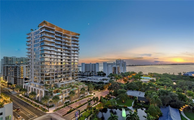 outdoor building at dusk with a water view