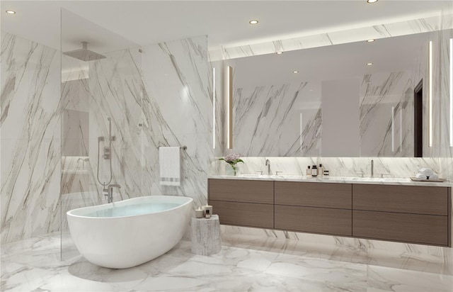 bathroom featuring vanity, tile walls, and plus walk in shower