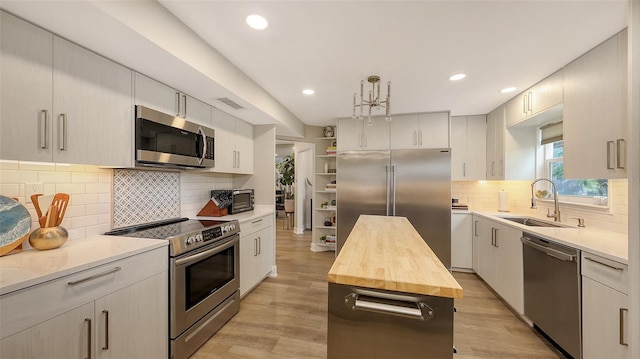 kitchen featuring white cabinets, appliances with stainless steel finishes, and wooden counters