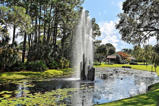 view of property's community with a lawn and a water view