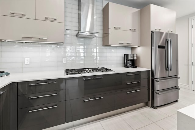 kitchen with white cabinetry, appliances with stainless steel finishes, decorative backsplash, and wall chimney exhaust hood