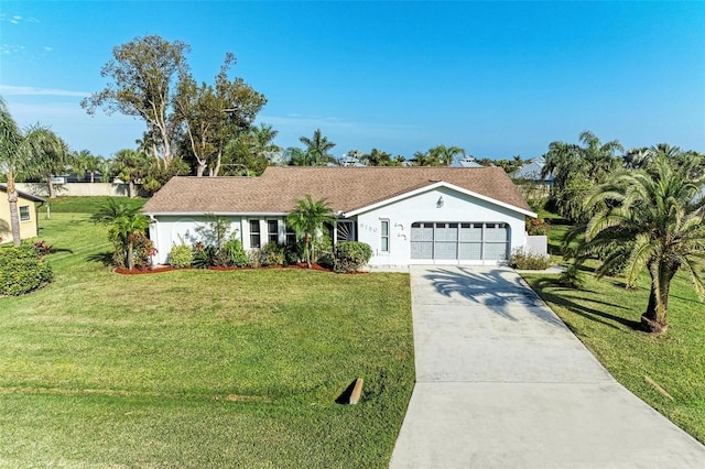 ranch-style house with a front yard and a garage